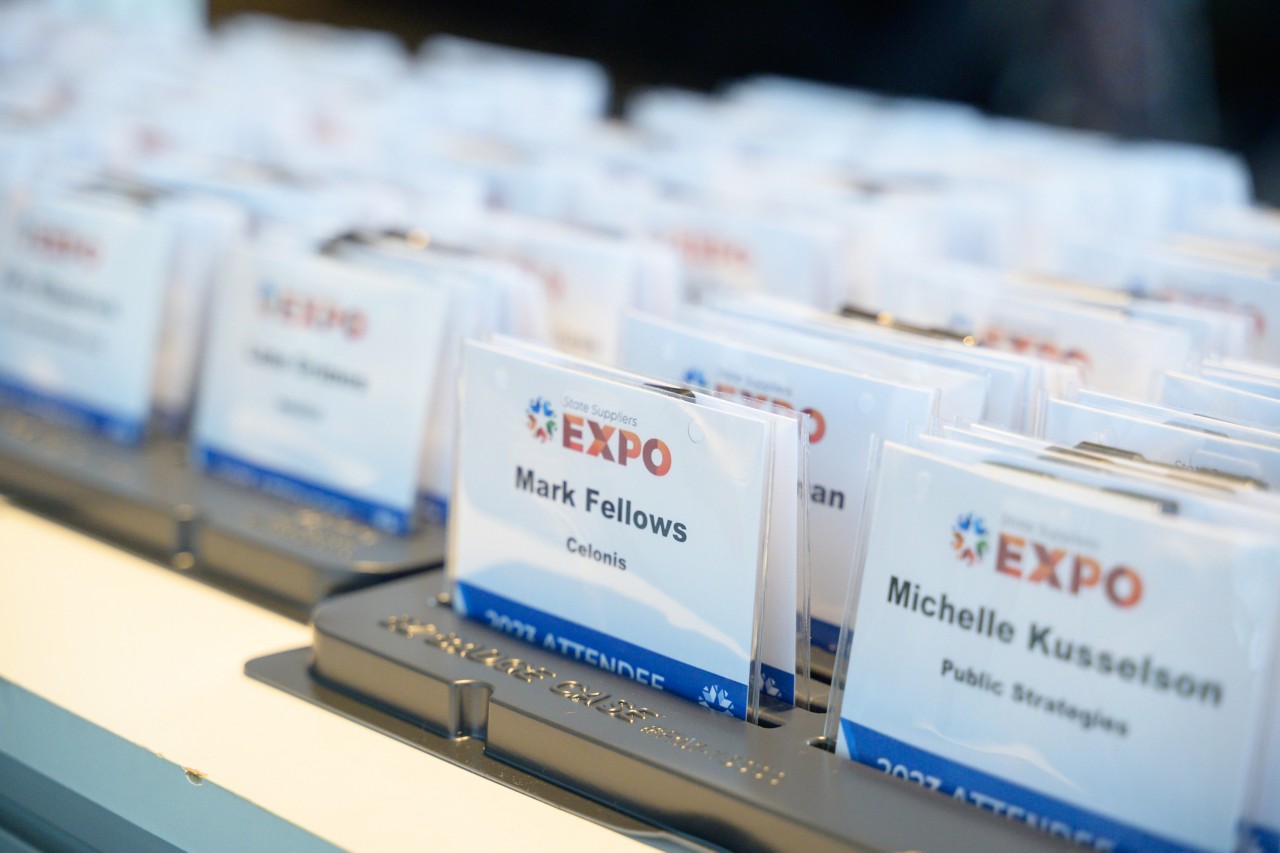 2023 Expo attendee name badges in trays