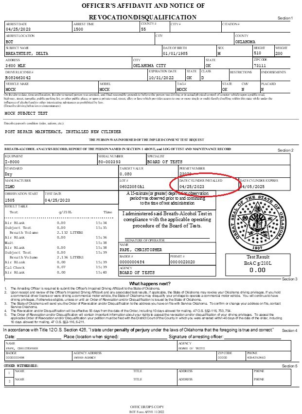 Example Breath Test Affidavit