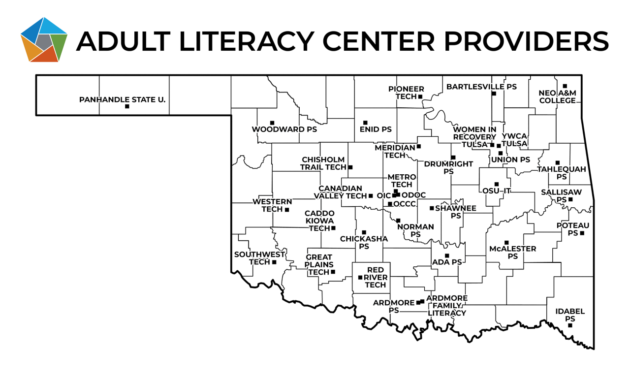 Adult education and family literacy program locations in Oklahoma.