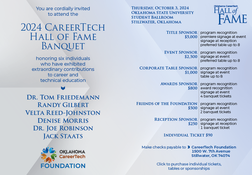 Kent Boggs, Carolyn Cotton, Robert A. Funk, Nancy Randolph Davis, Phil Waul and Greg Winters are the 2021 CareerTech Hall of Fame Inductees.