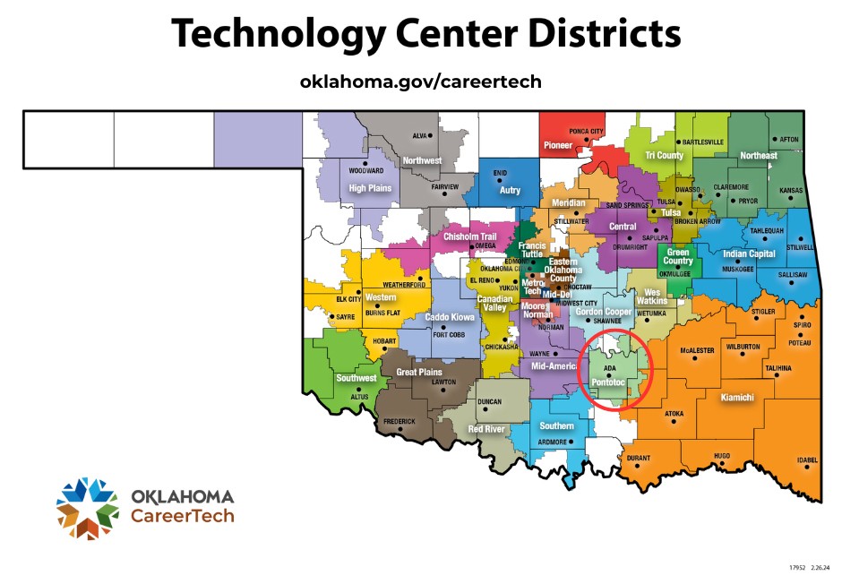 Map shows Oklahoma technology center districts with circle around Pontotoc Tech Center district to show Konawa, which voted for annexation.