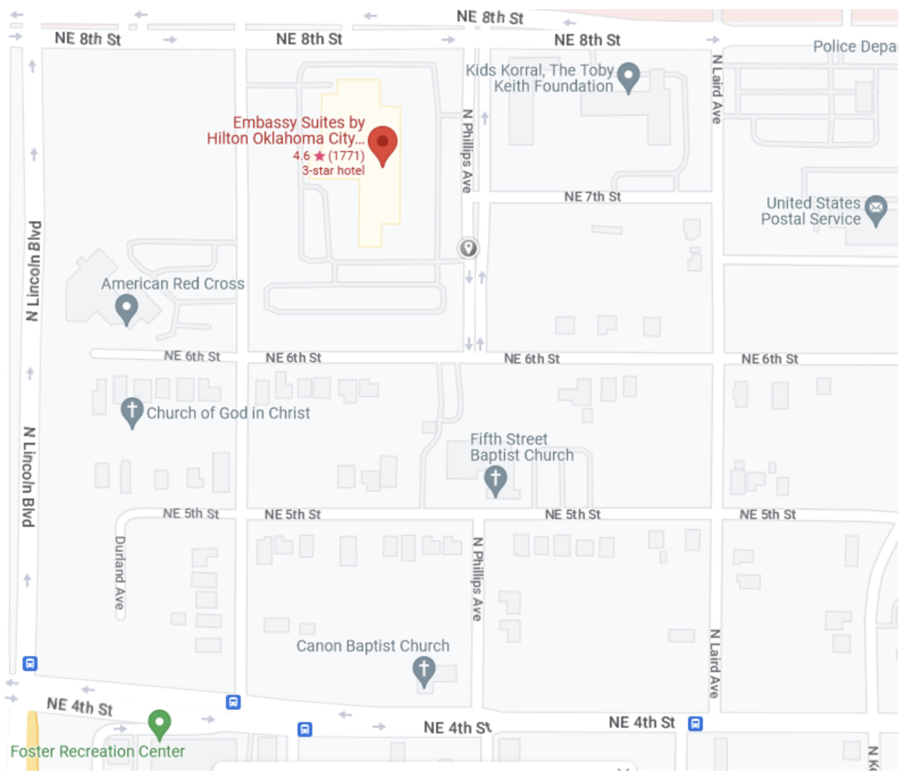 Location of the Embassy Suites on the Oklahoma map where the ICBSShow attendees are booking rooms.