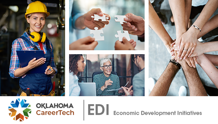 Economic Development Initiatives website banner images: female wearing a hardhat, hands holding puzzle pieces, 3 people talking at a desk, multiple arms extended with hands laid over each other