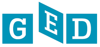 G E D logo with white letters on a blue squares