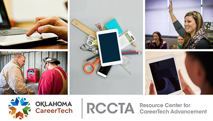 Resource Center for CareerTech Advancement Banner has 5 images: finger on laptop mousepad, a male instructor speaking to a male student in shop class, various office supplies including a smartphone and iPad, classroom with female student raising hand, and a student looking at an iPad screen