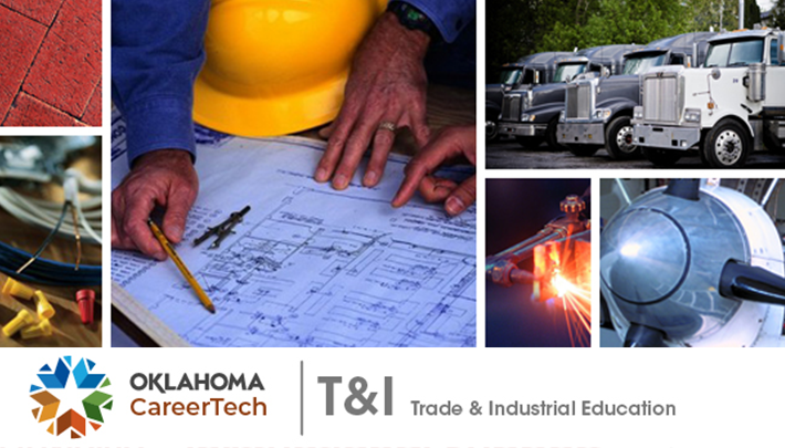 Trade and Industrial Education Website Banner has 6 images: brick walk for masonry; electric wires and end caps; construction blueprint; row of semi-trucks; welder; airplane propeller