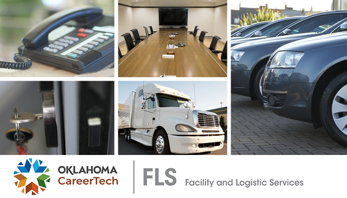 Facility Services Website Banner has 5 images: black multi-line telephone, keys hanging in a door lock, an empty conference room, a white semi-truck and trailer, and the front-end view of a fleet of charcoal gray company cars