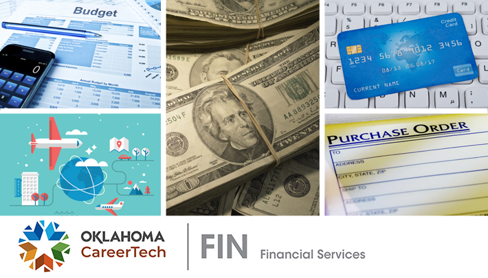 Financial Services Website Banner has 5 images: a budget spreadsheet with a calculator; a world globe with lines circling it; stacks of money; a credit card; and a purchase order receipt