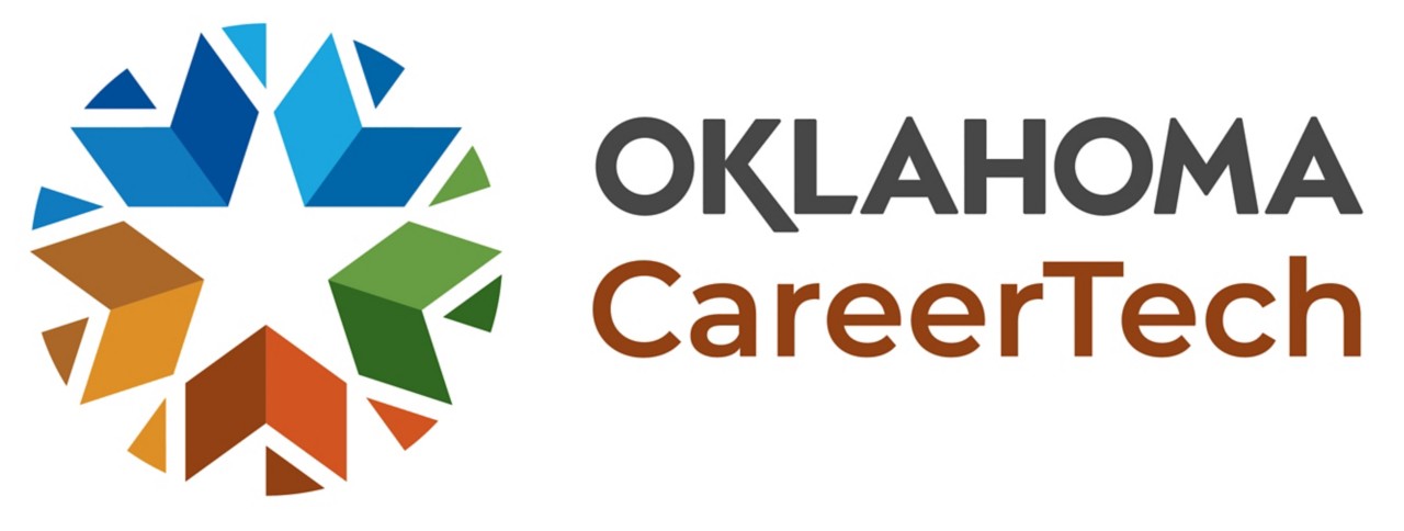 The Oklahoma CareerTech logo on a transparent background with a multi star with black and dark clay red text on a white background