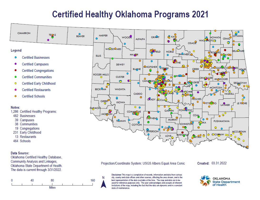 Certified Healthy Oklahoma Programs 2021 Map