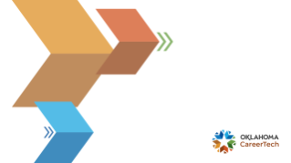 Virtual meeting background of multi-colored chevrons with CareerTech logo