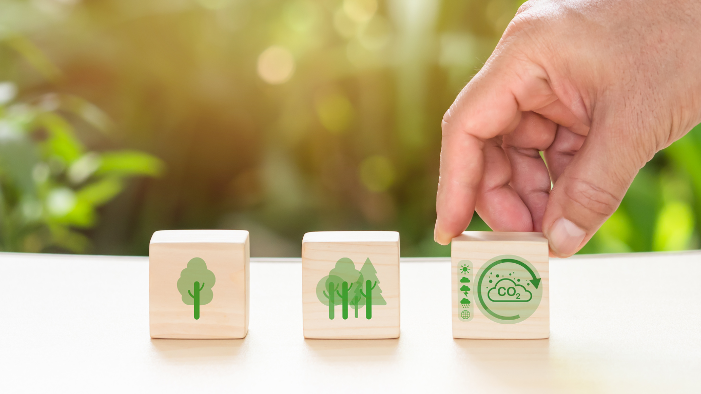 A hand touching wood blocks with Eco icons blocks