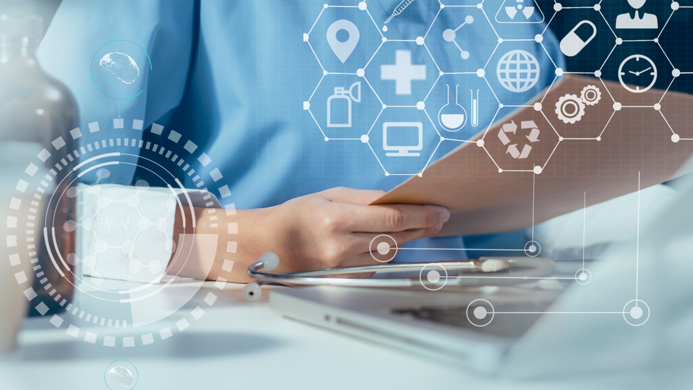 Nurse looking a paper and laptop with head up display with medical icons