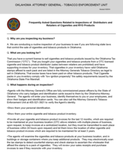 Frequently Asked Questions Related to Inspections of Distributors and Retailers of Cigarettes and RYO Products