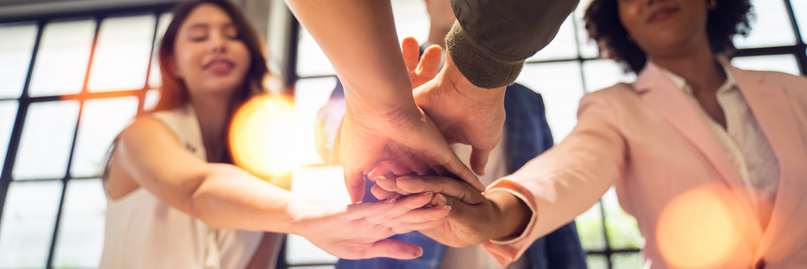 Panoramic Teamwork,empathy,partnership and Social connection in business join hand together concept.Hand of diverse people connecting.Power of volunteer charity work, Stack of people hand.