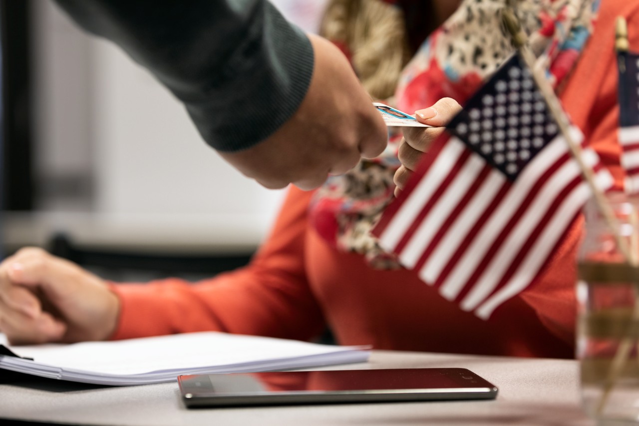United States citizens voting in a polling place for a general election.