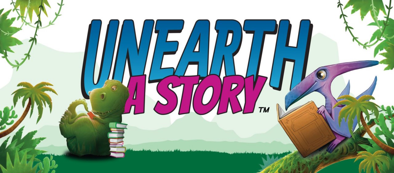 Illustration with the words “Unearth a Story” in large bold letters. A green dinosaur sits on the left, leaning on a stack of books. On the right, a purple pterodactyl perches on a branch while reading a large book. The background features palm trees, jungle plants, and vines.