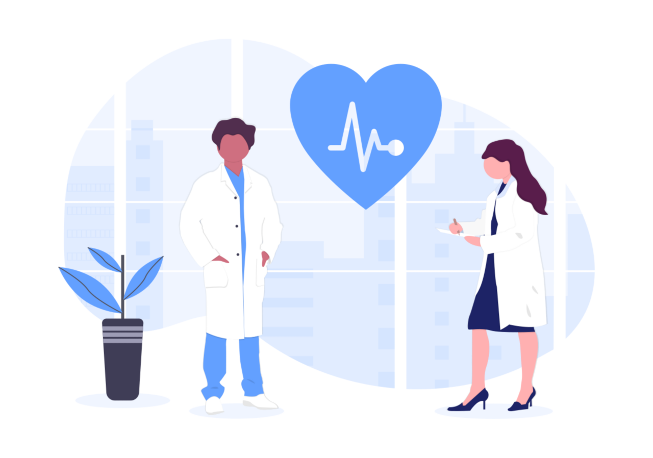 Vector image of a Nurse and Doctor talking with heartbeat inside of blue heart shape