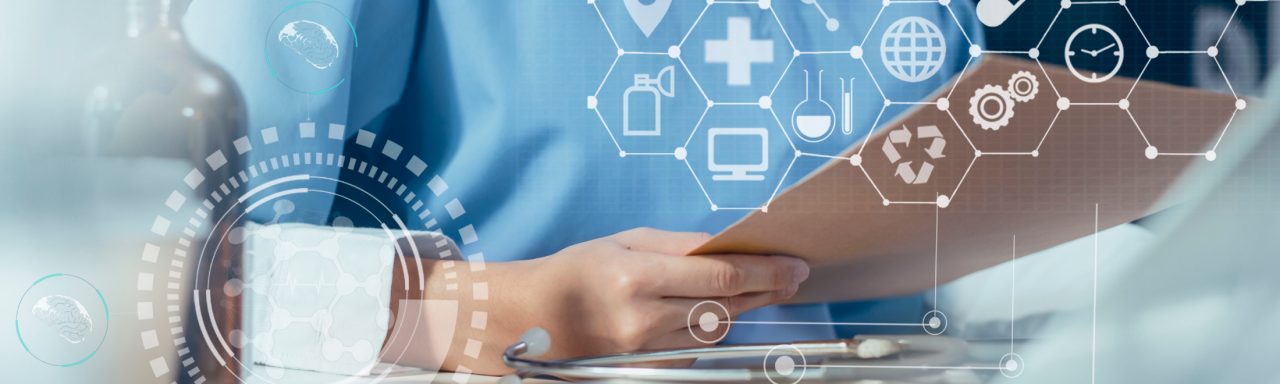 Heads up display with a nurse looking at a paper form and a laptop