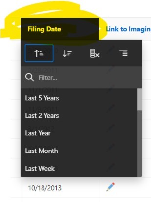 Screenshot of the case processing docket search application showing a dropdown menu to sort by Filing Date as it was updated in June 2021.