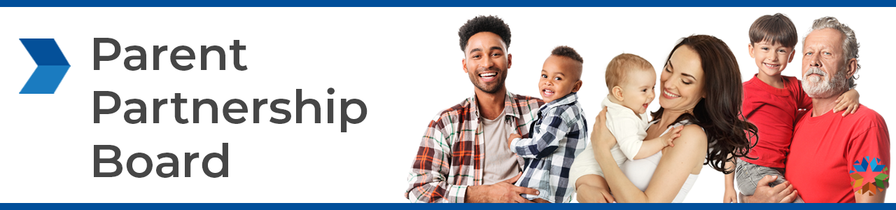 This is a title bar that has pictures of parents holding their children.  The title is Parent Partnership Board and has the State of Oklahoma branding.