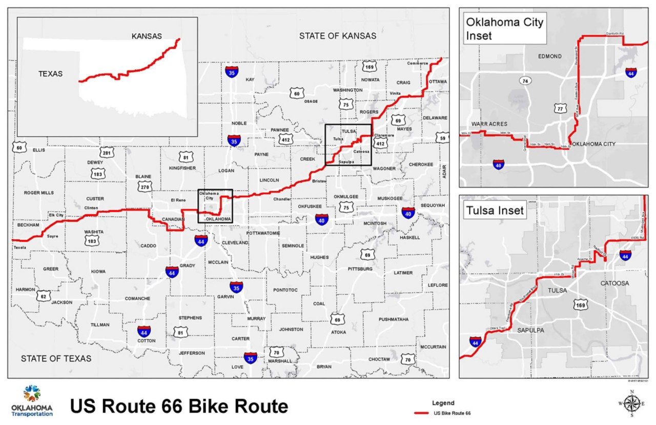 Map of Route 66 bike route through Oklahoma, with insets for Oklahoma City and Tulsa