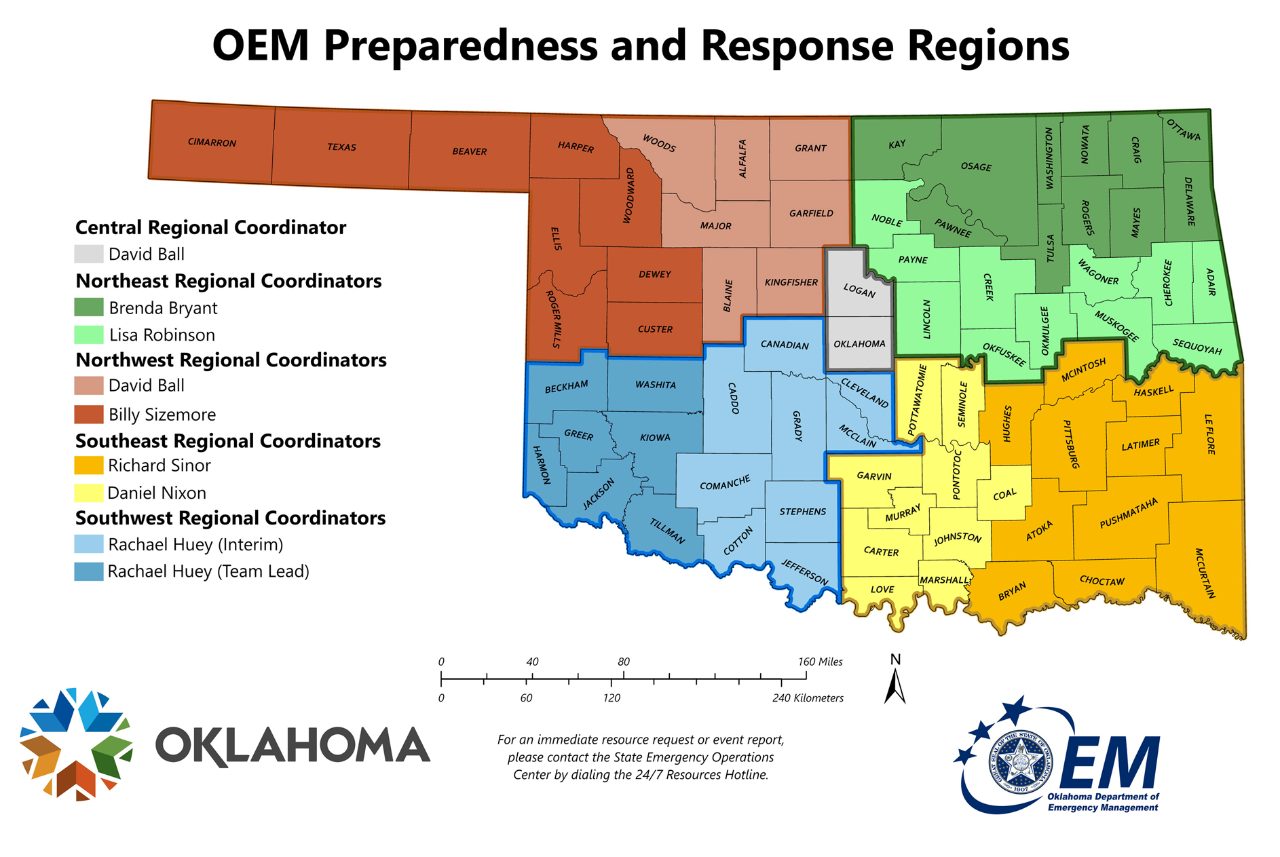 Map of Oklahoma, 9 quadrants defined for the OEM Regional Coordinators. 