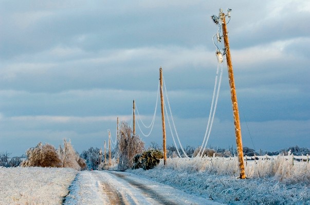 iced cover country road with power lines heavy with ice.