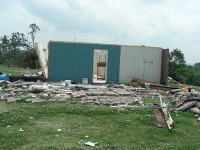 Tornado damaged building.