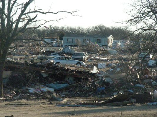 storm debris scattered and trees striped of leaves.