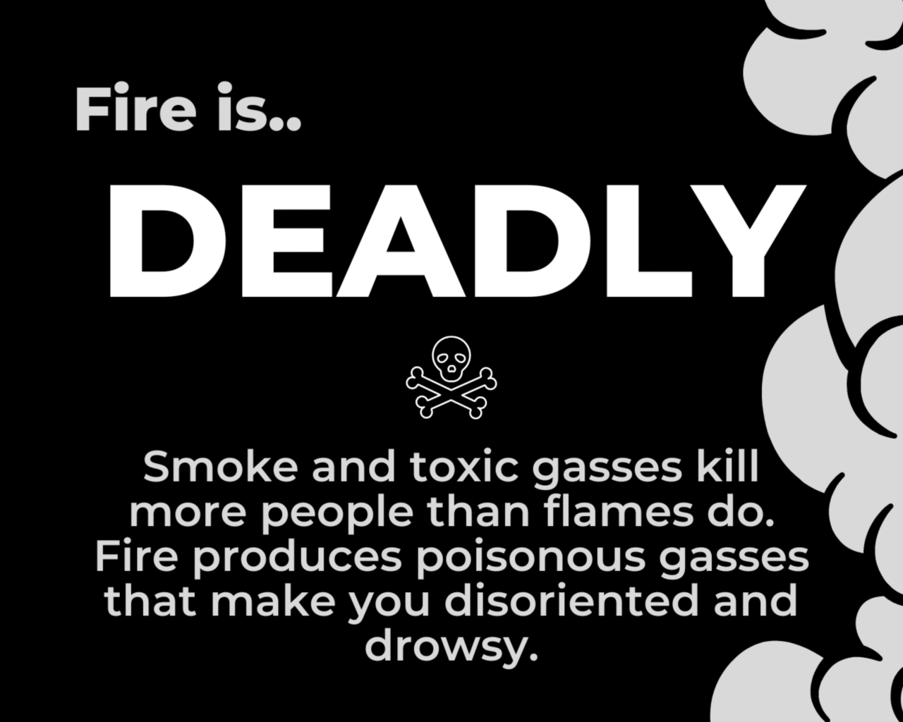 Fire is deadly. Smoke and toxic gasses kill more people than flames do. Fire produces poisonous gasses that make you disoriented and drowsy. 