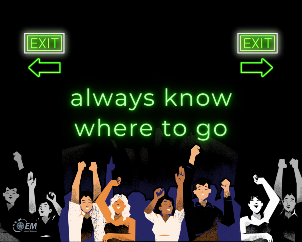 Always know where to go, locate exit signs. 