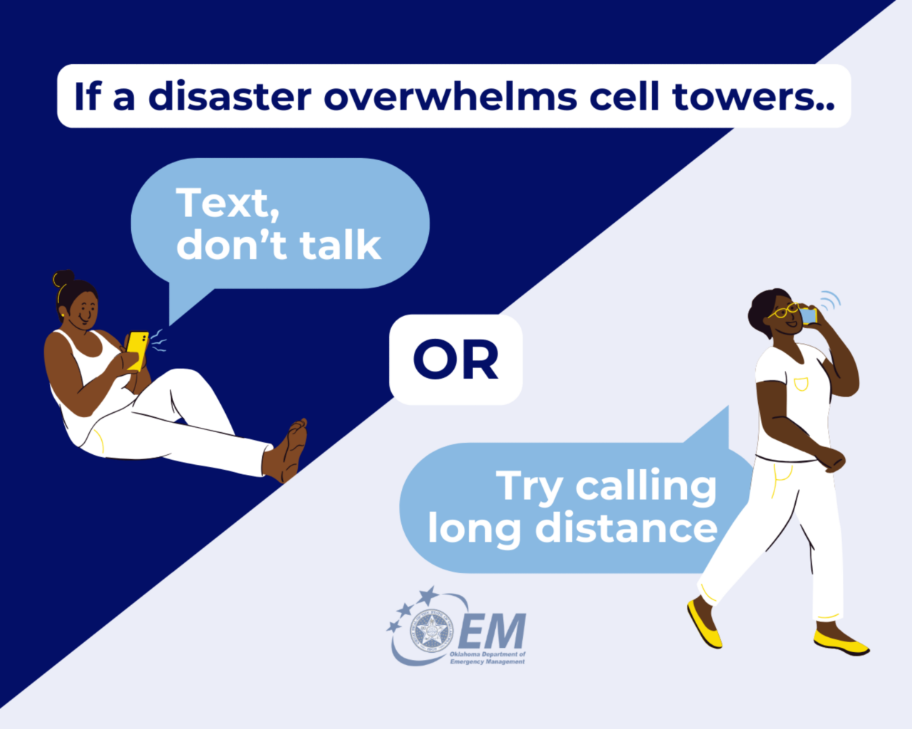 If a disaster overwhelms cell towers..text, don't talk or try call long distance.  Logo, OEM, Oklahoma Department Emergency Management.