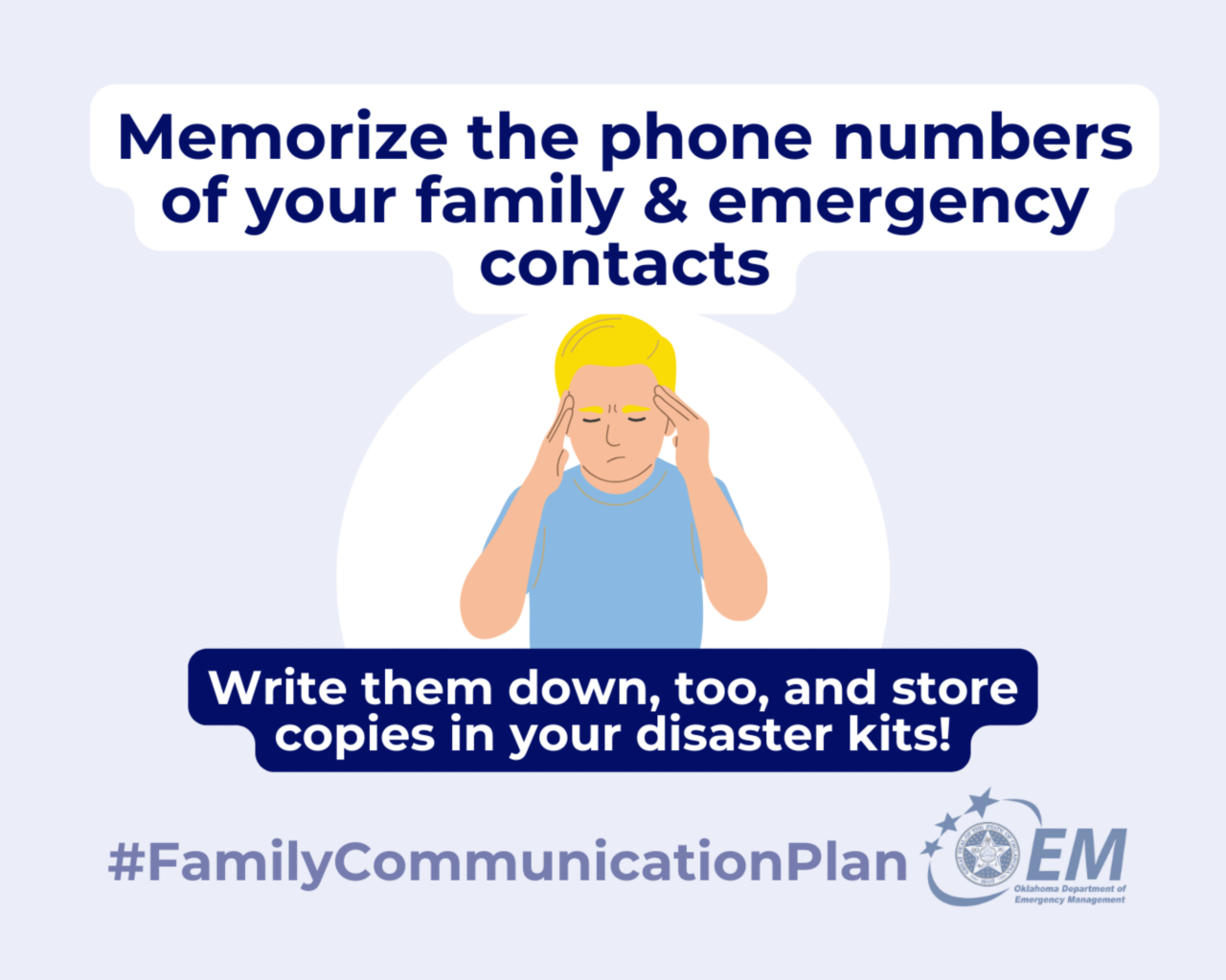 Memorize the phone numbers of your family and emergency contact. Write them down, too, and store copies in your disaster kits! #FamilyCommunicationPlan. A CGI drawing of a man holding his head thinking hard.  Logo, OEM, Oklahoma Department Emergency Management.