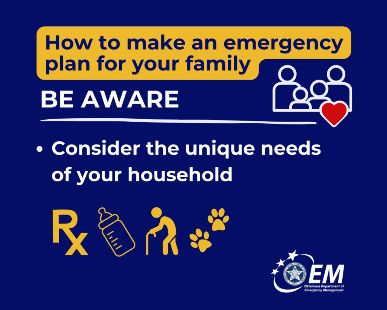 How to make an emergency plan for your family. Be Prepared. Consider the unique needs of your houosehold. Logo, Oklahoma Department of Emergency Management.