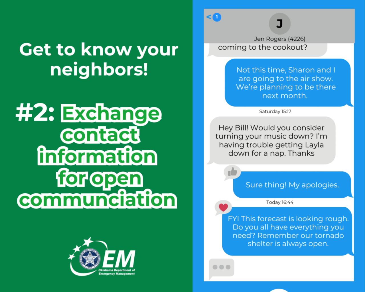 Get to know your neighbors! #2 Exchange contact informtion for open communication. A graphic of two people text conservation. Logo, Oklahoma Department of Emergency Management.