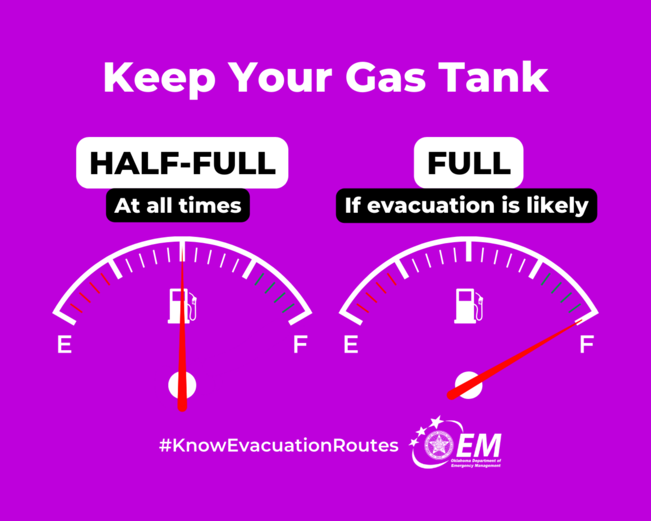 Keep your gas tank at half-full at all times and full if evacuation is likely. Logos, Oklahoma Department of Emergency Management.