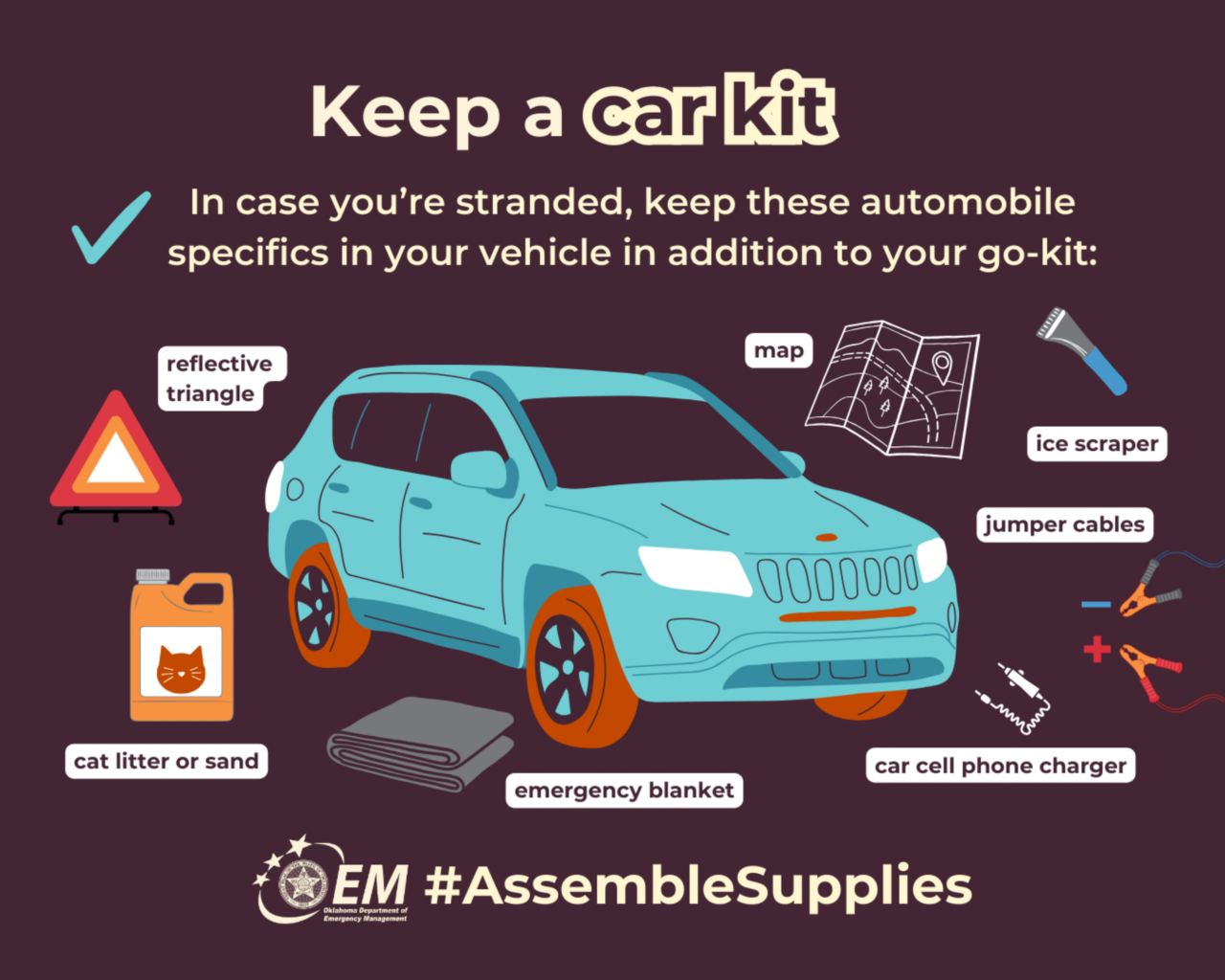 Keep a car kit. In case you're stranded, keep these automobile specifics in your vehicle in addition to your go-kit: reflective triangle, cat litter or sand, emergency blanket, car cell phone charger, jumper cables, ice scraper, and map. # AssembleSupplies. Logo, Oklahoma Department of Emergency Management.