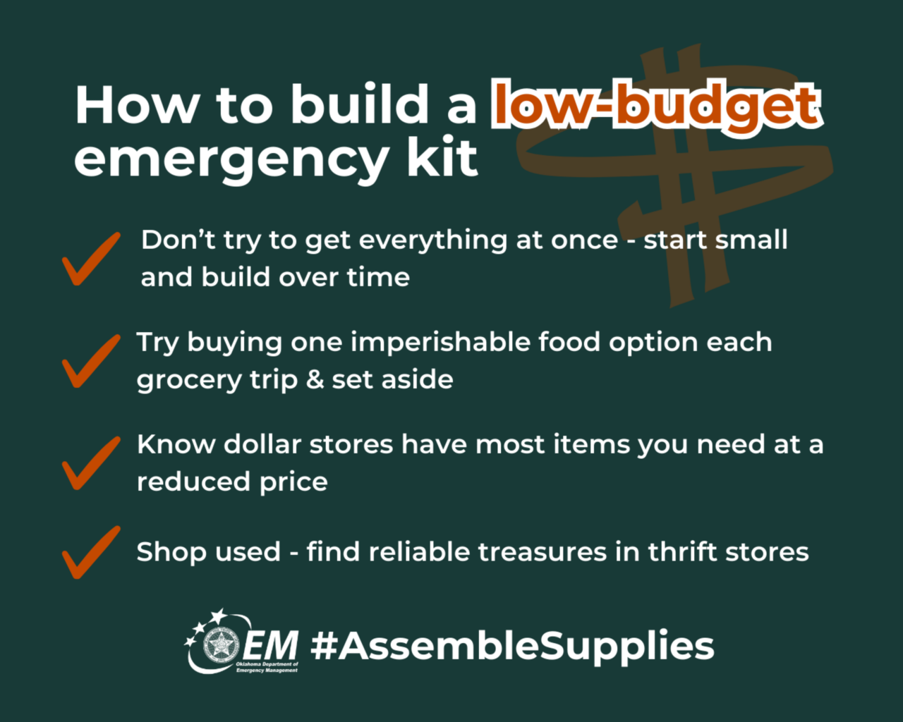 How to build a low-budget emergency kit. #AssembleSupplies. Logo, Oklahoma Department of Emergency Management. 