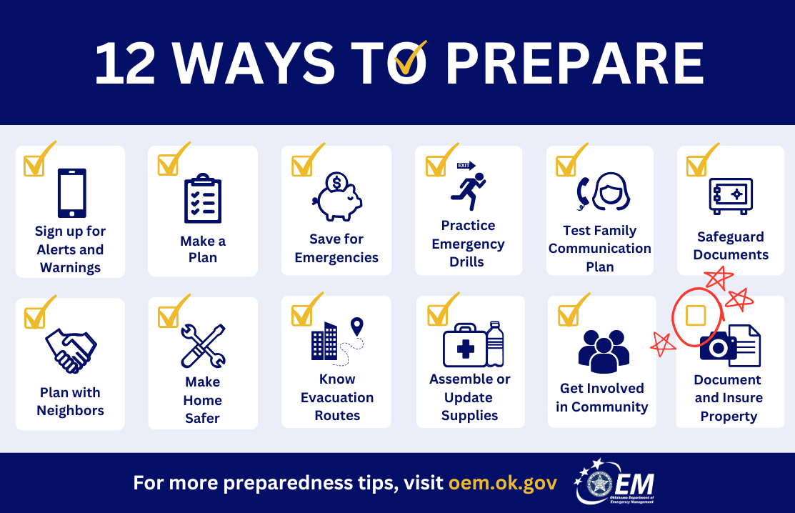 12 ways to prepare graphic with documents and insure propery circled. For more preparedness tips, visit oem.ok.gov. Logo, Oklahoma Department of Emergency Management.  