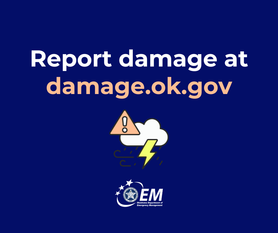 Report Damage at damage.ok.gov. Logo, Oklahoma Department of Emergency Management.