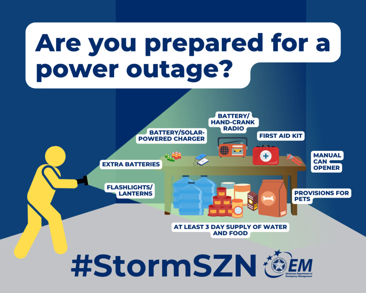 Are you prepared for a power outage? Extra batteries, flashlights, radio, first aid kit, can opener, pet food,  and 3 days of food and water supply. #StormSZN. Logo, Oklahoma Department of Emergency Management. 