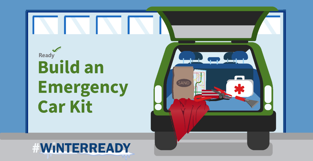 Build an Emergency Car Kit #WINTERREADY. A CGI drawn car in a garage with the back hatch up and inside is a blanket, sand, ice scraper, and a first aid kit.