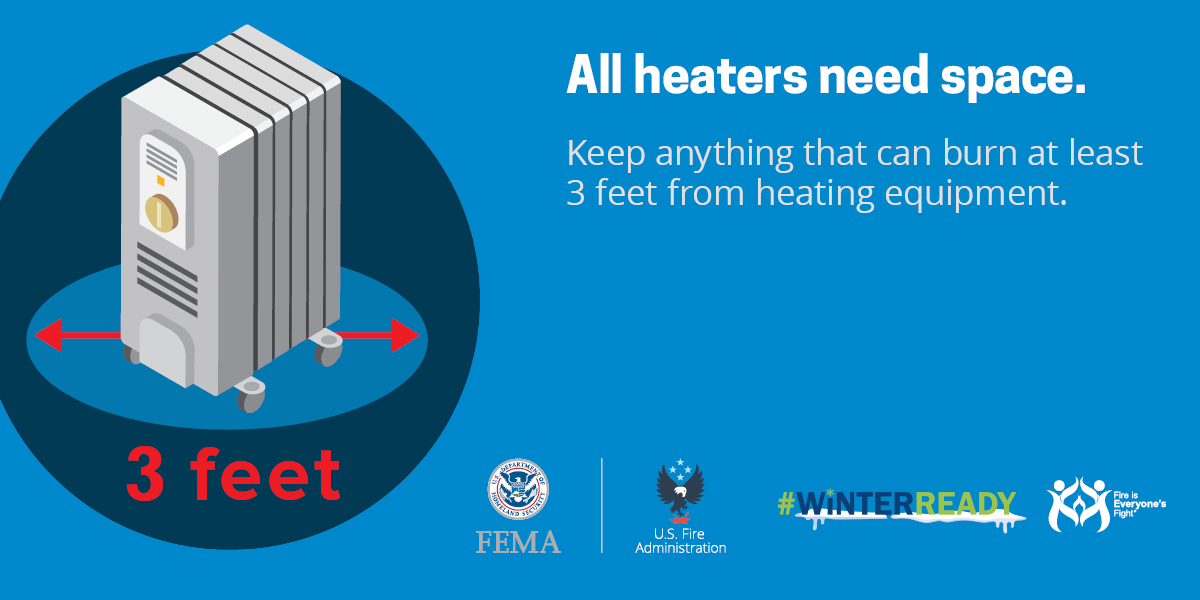 All heaters need space. Keep anything that can burn at least 3 feet from heating equipment. A CGI drawn space heater with a 3 foot circle around it. Logos, FEMA, US Fire Administration, #WINTERREADY, Fire is Everyone's Fight. 