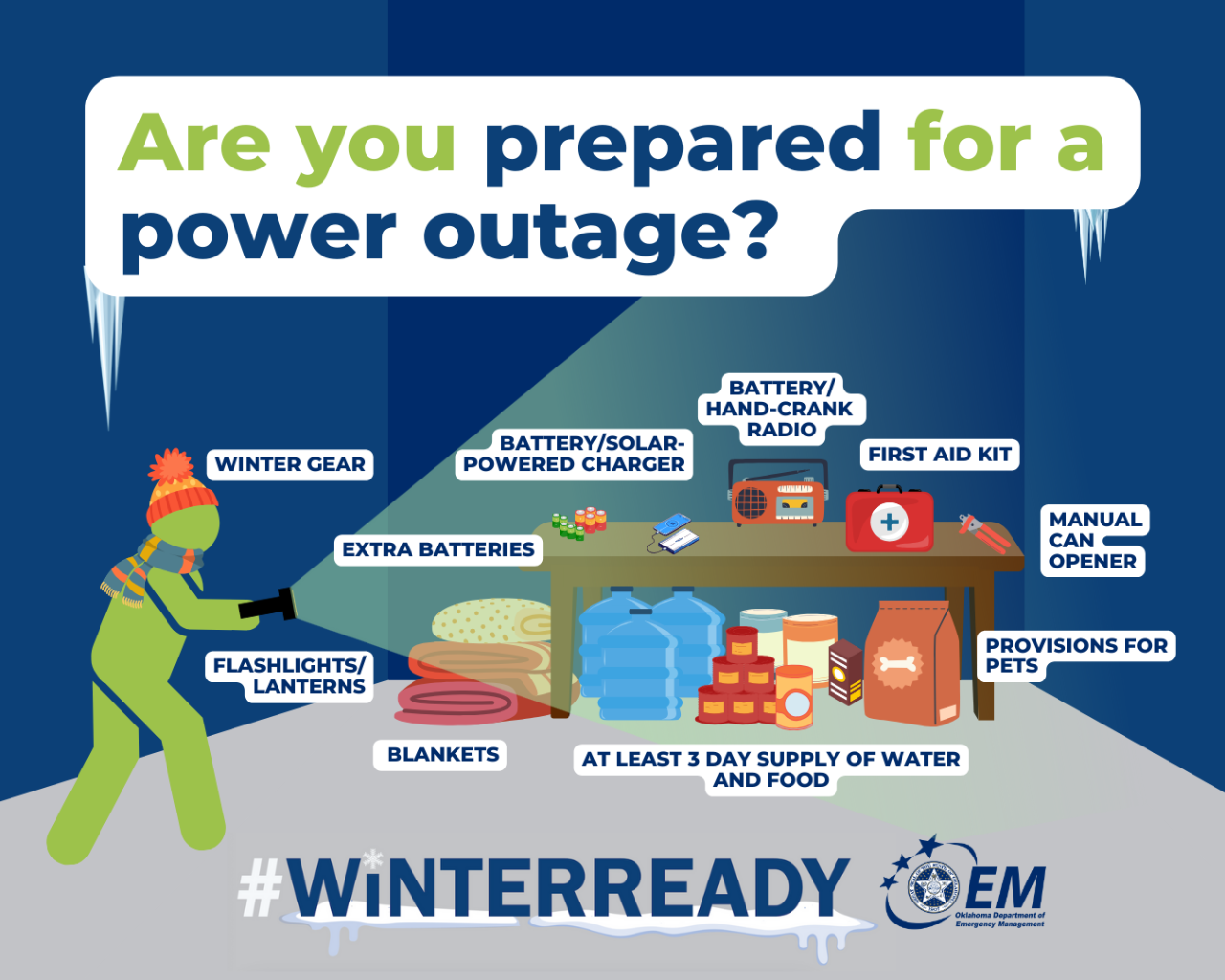 Are you prepared for a power outage? Winter gear, extra batteries, Flashlights/Laterns, Blankets, Battery/Solar Powered charger, Battery/Hand-crank radio, First aid kit, manual can opener, Provisions for pets, at least 3 day supply of water and food. #WINTERREADY. Logo, OEM, Oklahoma Department of Emergency Manager. 