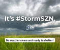 It's #StormSZN. Logo, Oklahoma Department of Emergency Management. Be weather aware and ready to shelter!