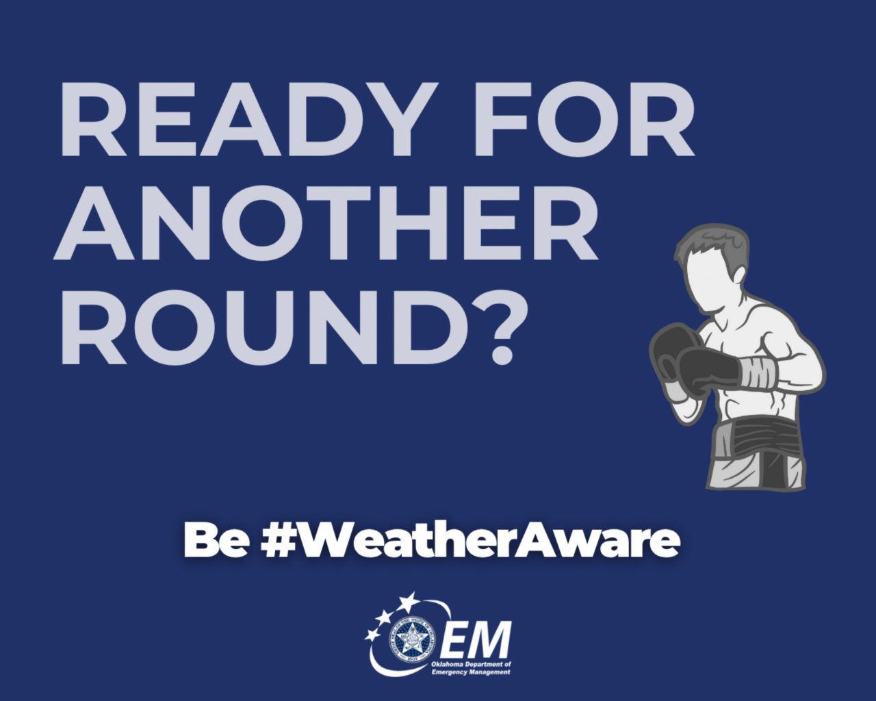 Ready for another round? Be #WeatherAware. A CGI drawning of a boxer. Logo,  Oklahoma Department of Emergency Management.