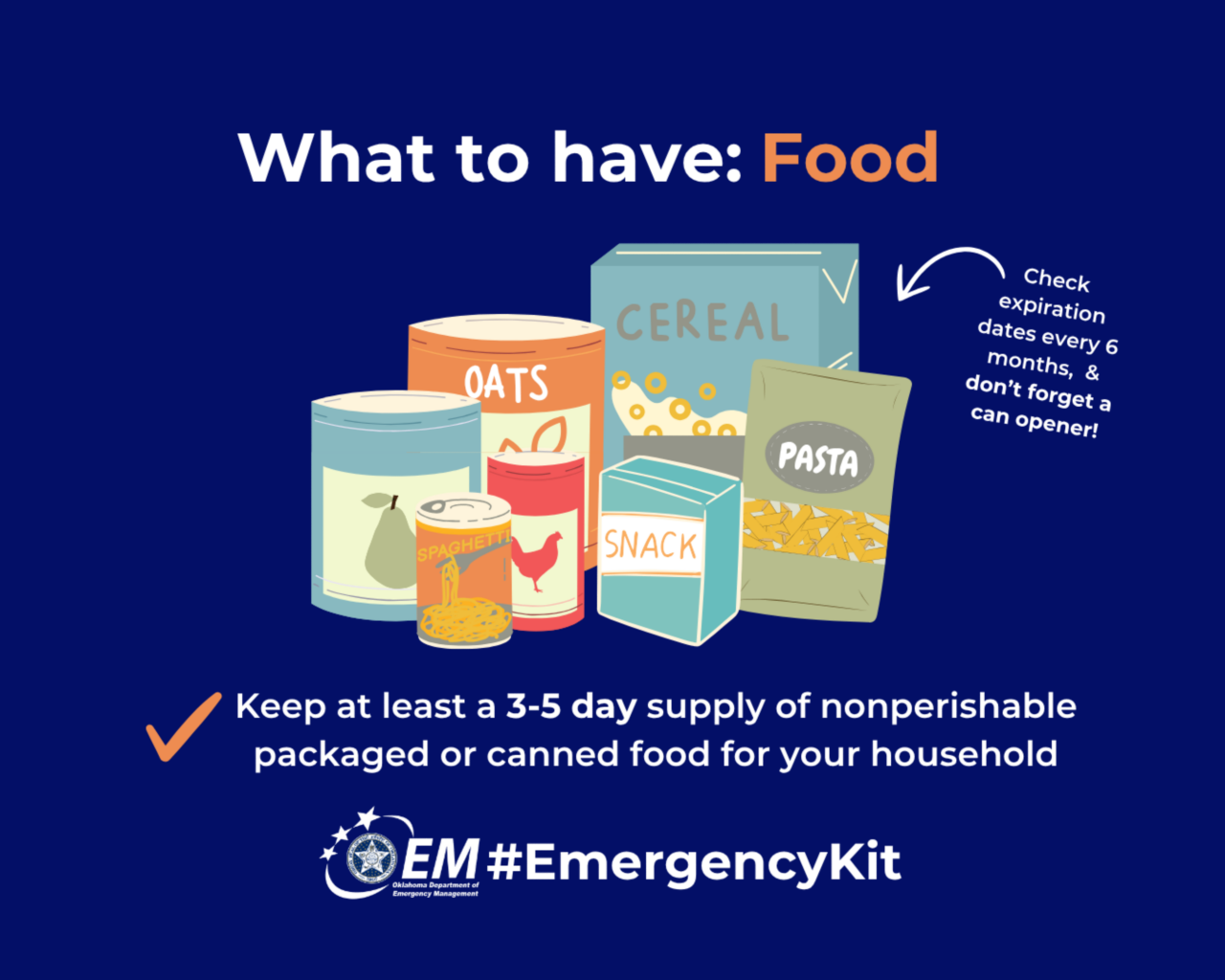 What to have: food. Keep at least 3-5 day supply of nonperishable packaged or canned food for your household. #EmergencyKit, logo, OEM.