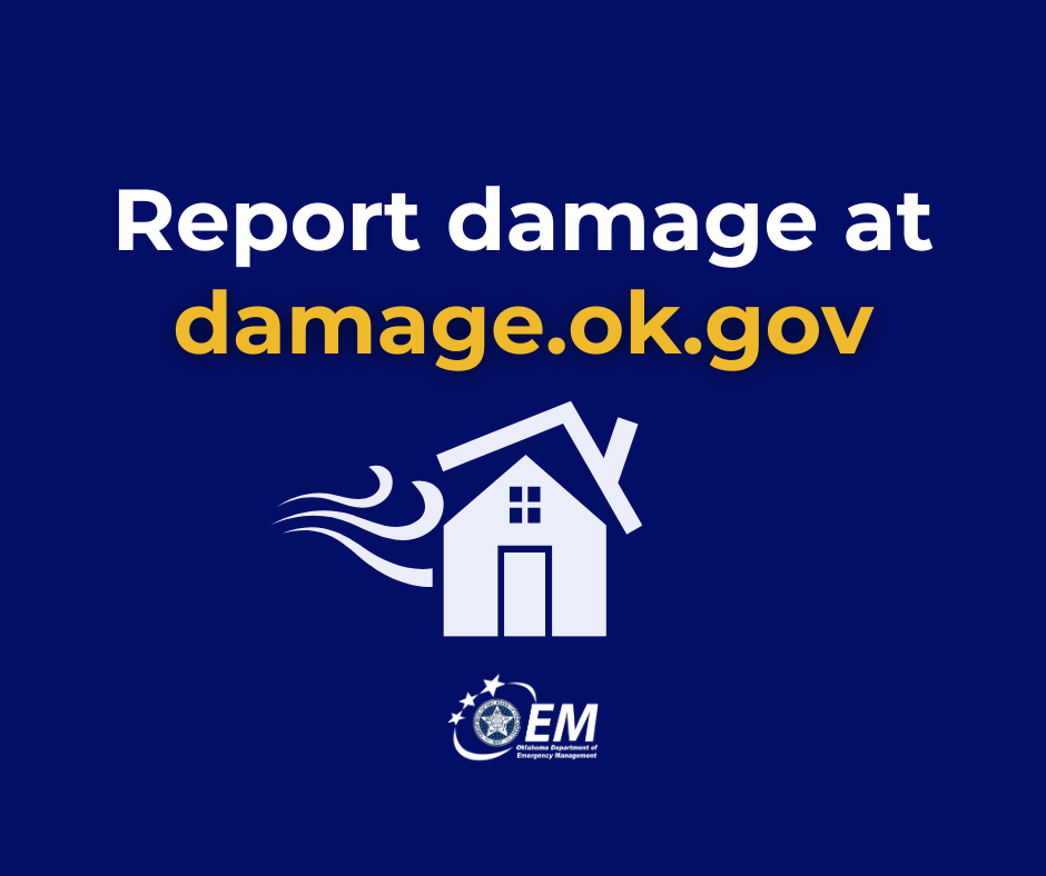 Report Damage at damage.ok.gov. Logo, Oklahoma Department of Emergency Management.