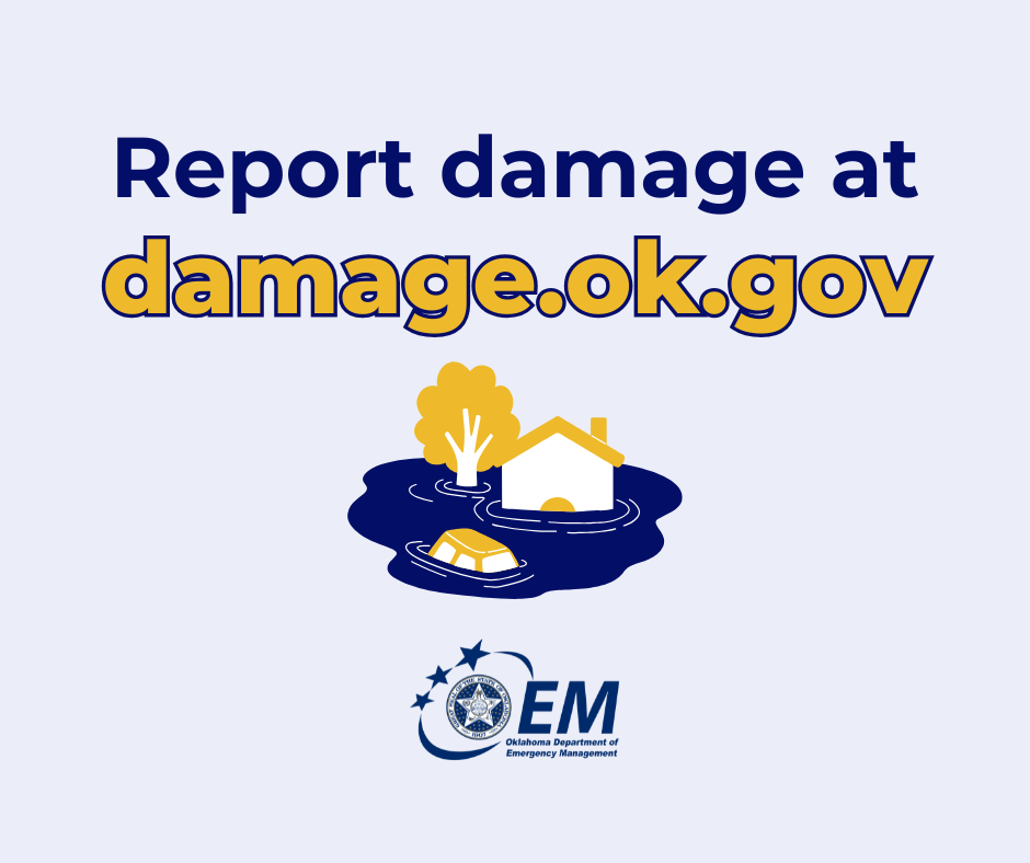 Report Damage at damage.ok.gov. Logo, Oklahoma Department of Emergency Management.